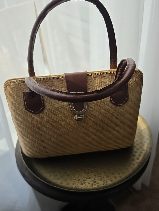 Handbags - Woven Vintage Straw Tote with Brown Leather Handles 10" Long, 9" Tall